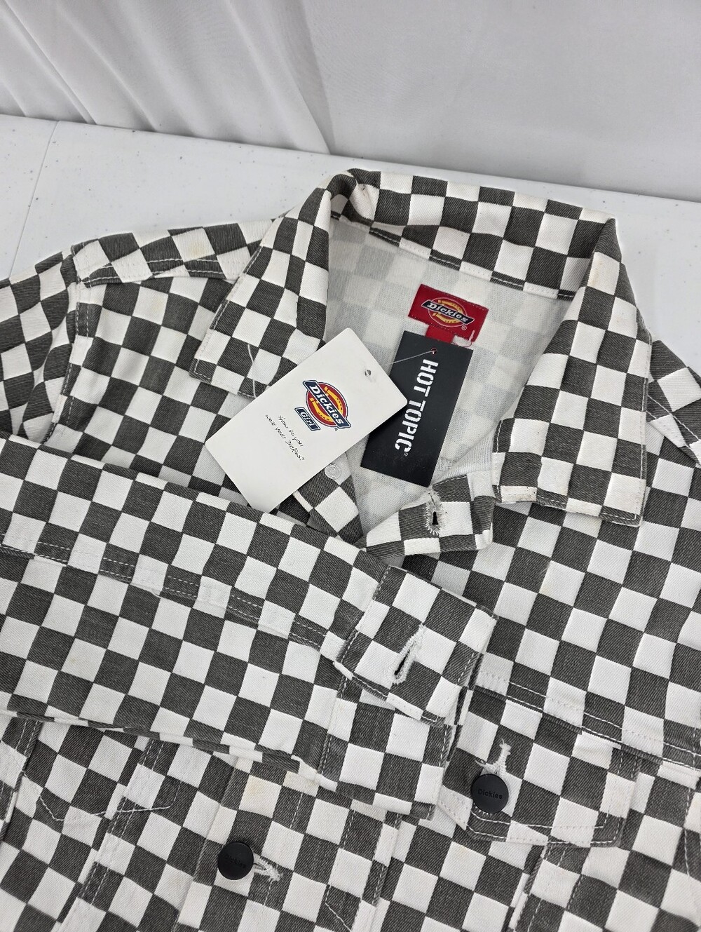 NWT Dickies Girl Juniors Denim Jacket Gray White Cotton Checkered Stretch Size M